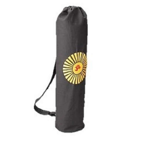 Canvas yoga mat bag with Om Surya embroidery, adjustable strap and zippered pockets for studio and travel convenience.