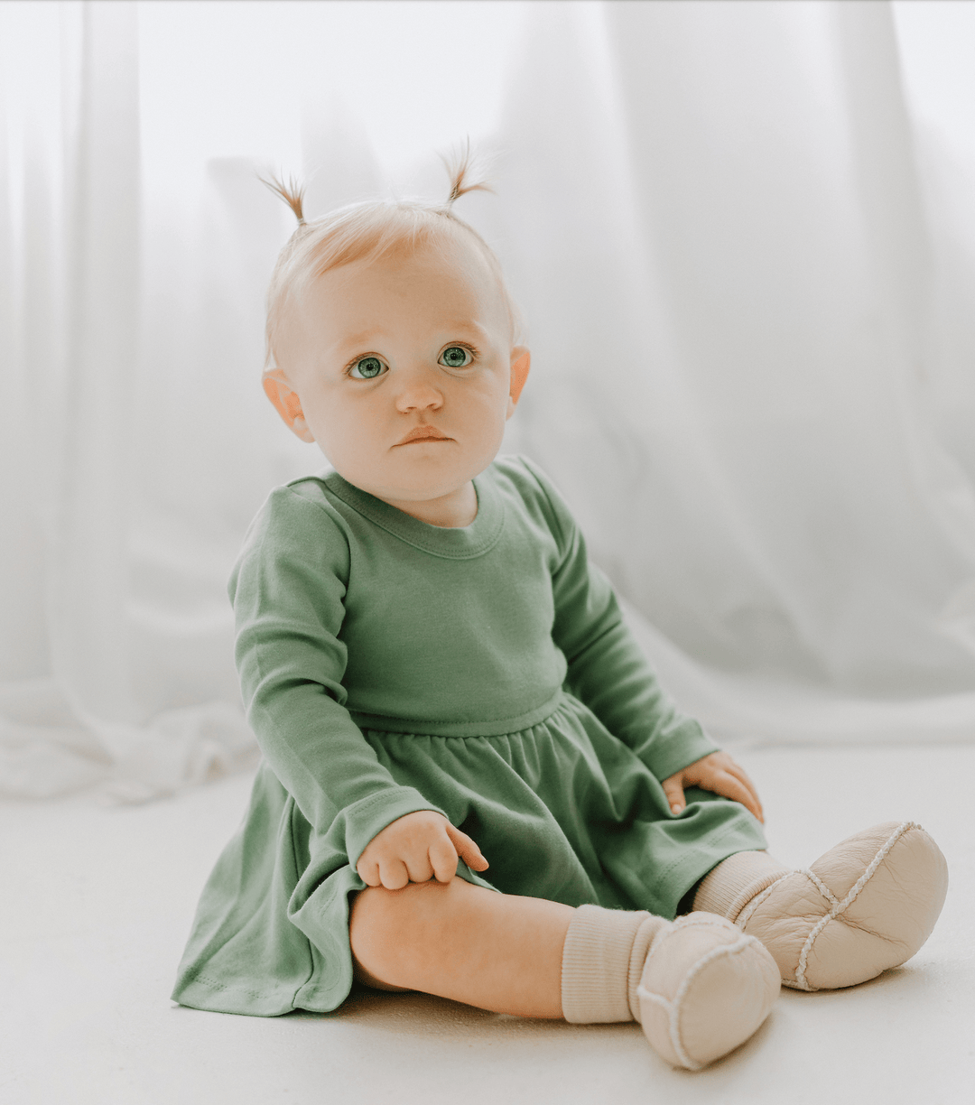 Baby and Toddler Long-Sleeve Twirl Dress - Basil Green| 100% Organic - Finn + Emma Basil Green / 4T Baby and Toddler Long-Sleeve Twirl Dress - Basil Green| 100% Organic - Finn + Emma Basil Green / 4T