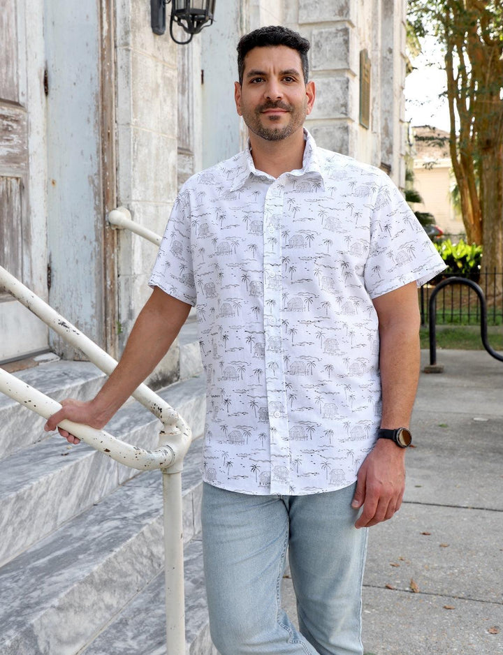 Organic cotton men's button down shirt with handmade New Orleans inspired block print in natural tones