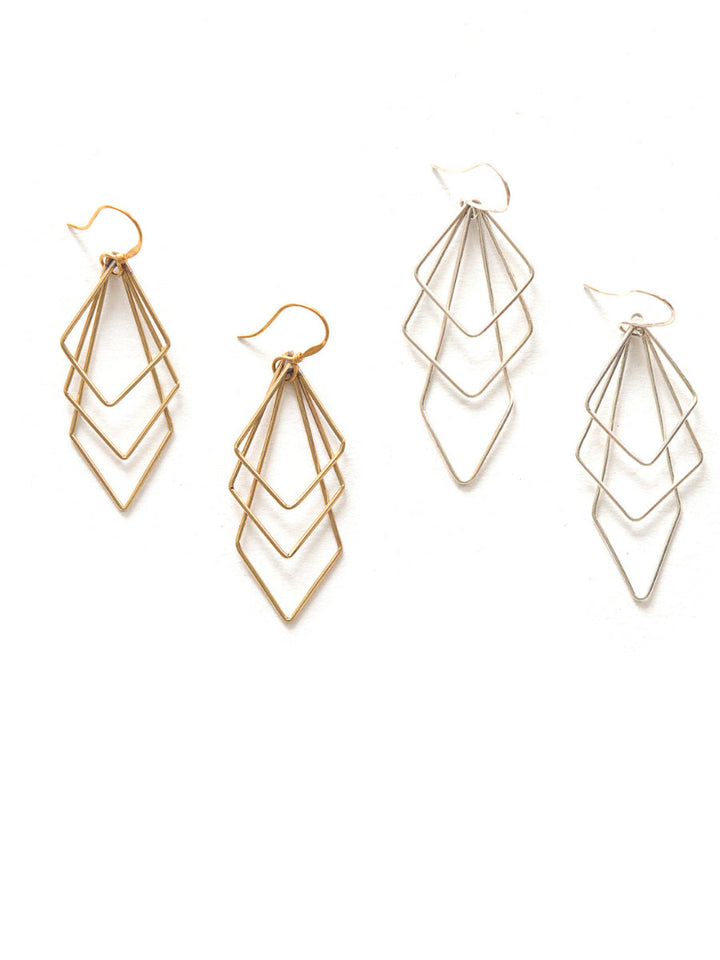 Handmade triple diamond dangle earrings in brass, crafted by artisans in Mexico, measuring 2.5 inches long