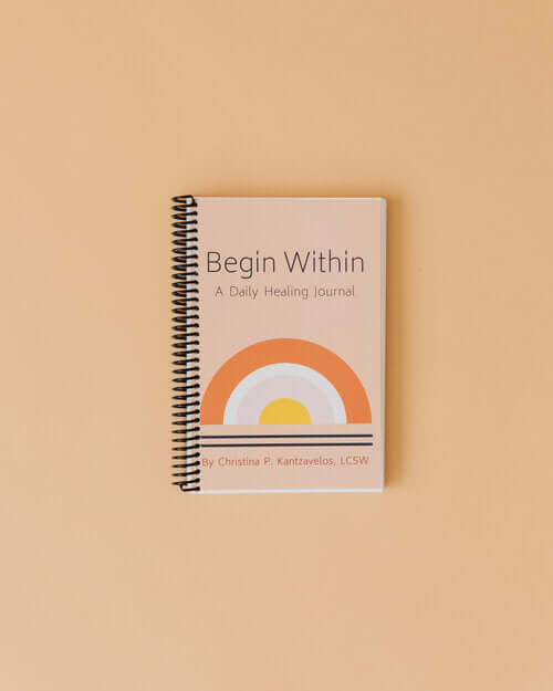 Begin Within Eco-friendly Healing Journal, Spiral Bound Edition, on a beige background. A daily journal for chronic and mental illness tracking.