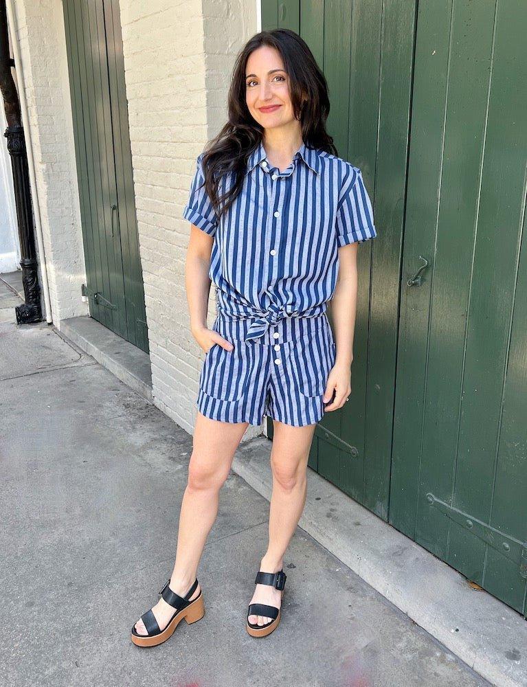 Blue Bayou Striped Organic Cotton  Shorts