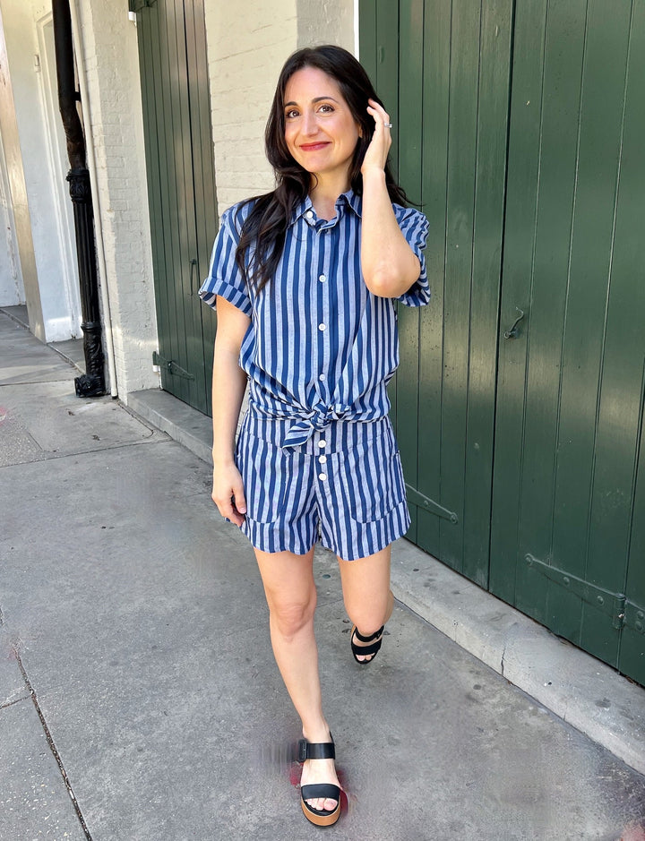 Blue Bayou Striped Organic Cotton  Shorts