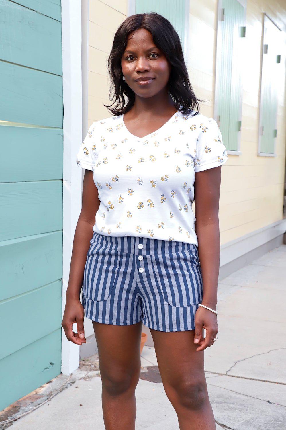 Blue Bayou Striped Organic Cotton  Shorts