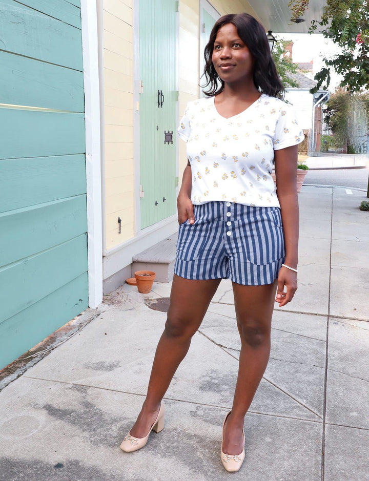 Blue Bayou Striped Organic Cotton  Shorts