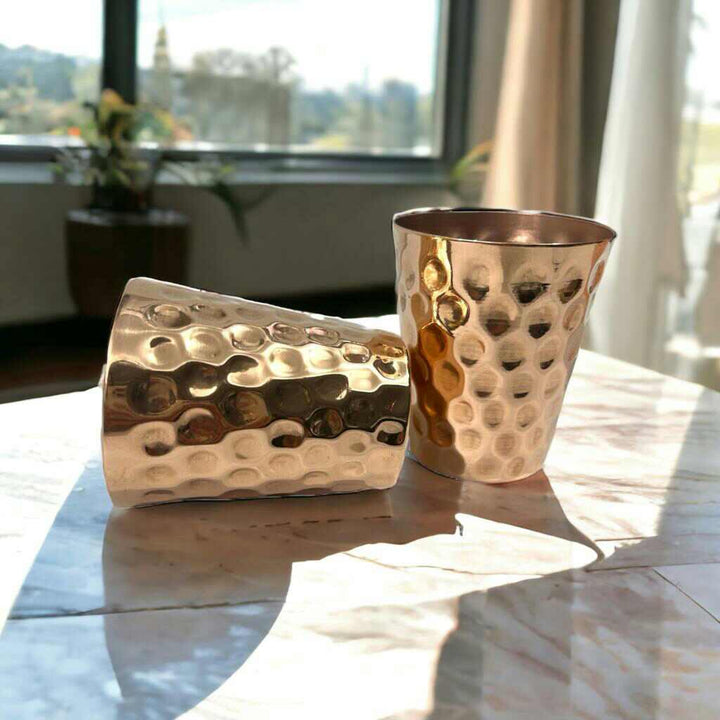 Set of One Copper Pitcher with Top and Two Tumblers - Deep Hammering and Shiny Finish