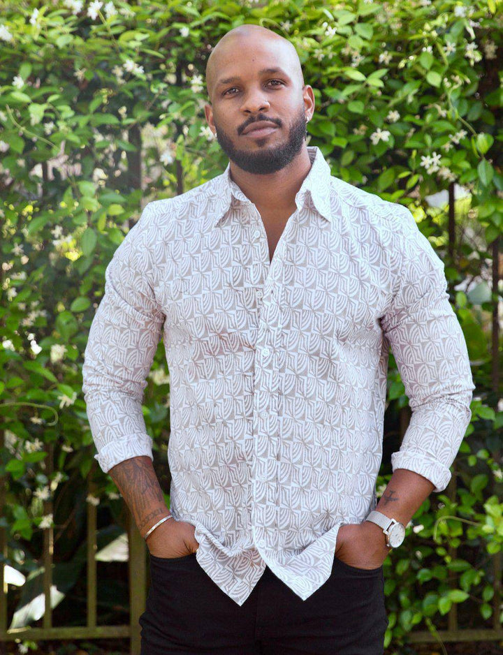 Grey geometric block print organic cotton button down shirt with long sleeves and tailored fit for men