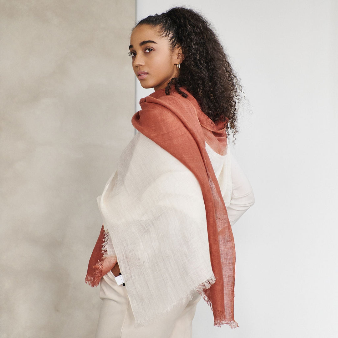Pecan Brown Ombre Dyed Hand Woven Linen Scarf
