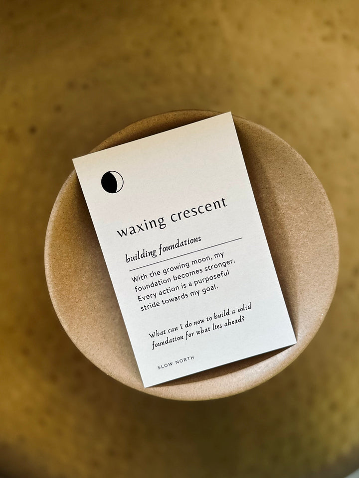 Lunar Reflections Mindfulness Card "Waxing Crescent" on table, enhances mindfulness with moon phase guidance.