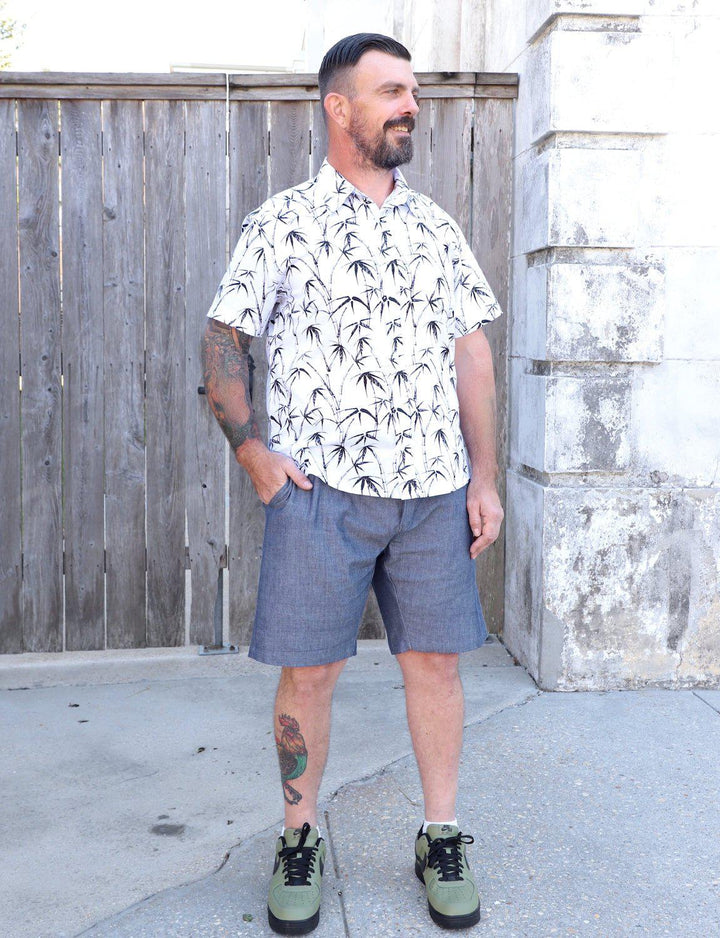 Organic cotton chambray men's shorts with drawstring waist and button fly handwoven using traditional ikat technique