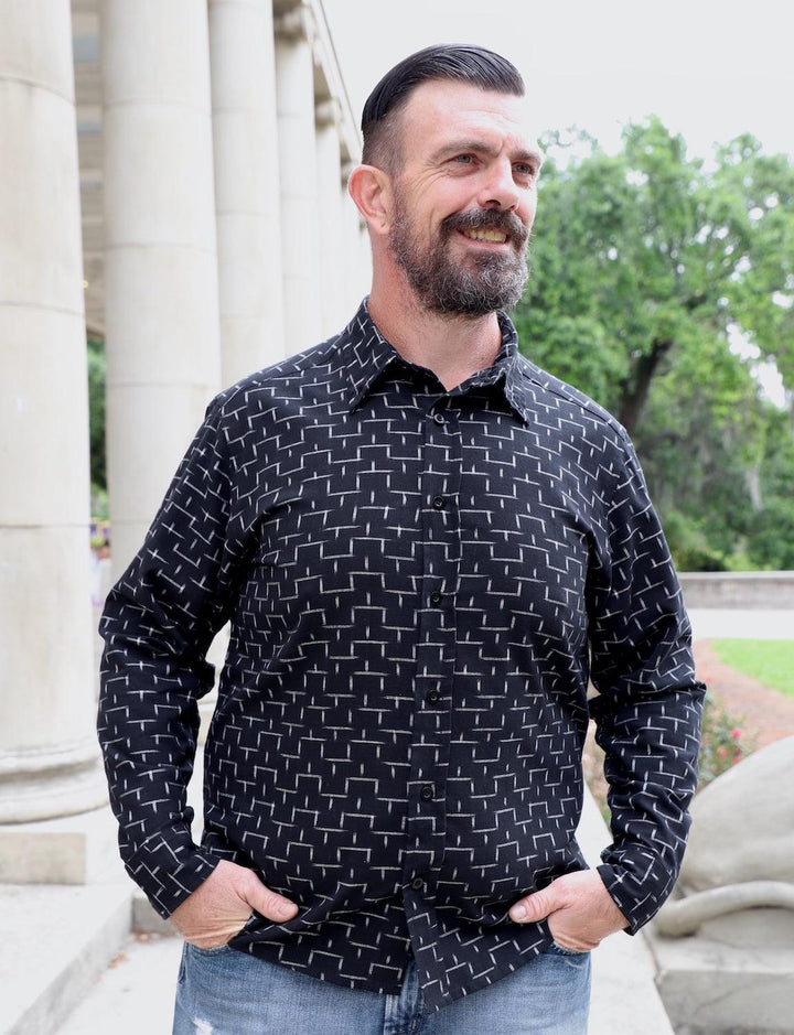 Black and white handwoven ikat cotton button down shirt with traditional geometric pattern for men