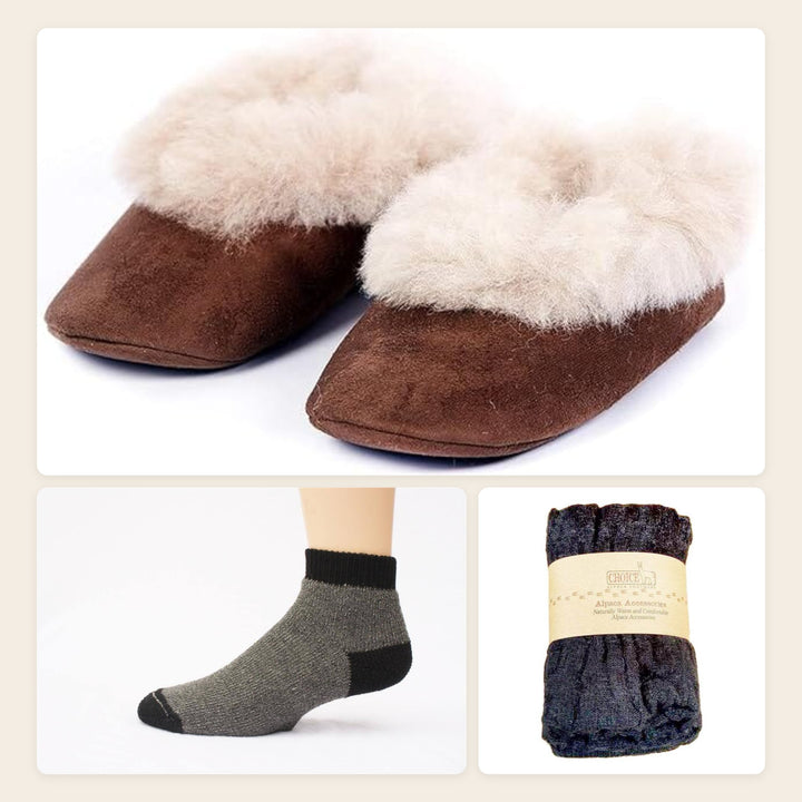 The Cozy Feet Set by PurelyAlpaca: alpaca fur slippers, grey SlipperBootie alpaca socks and charcoal alpaca leg warmers