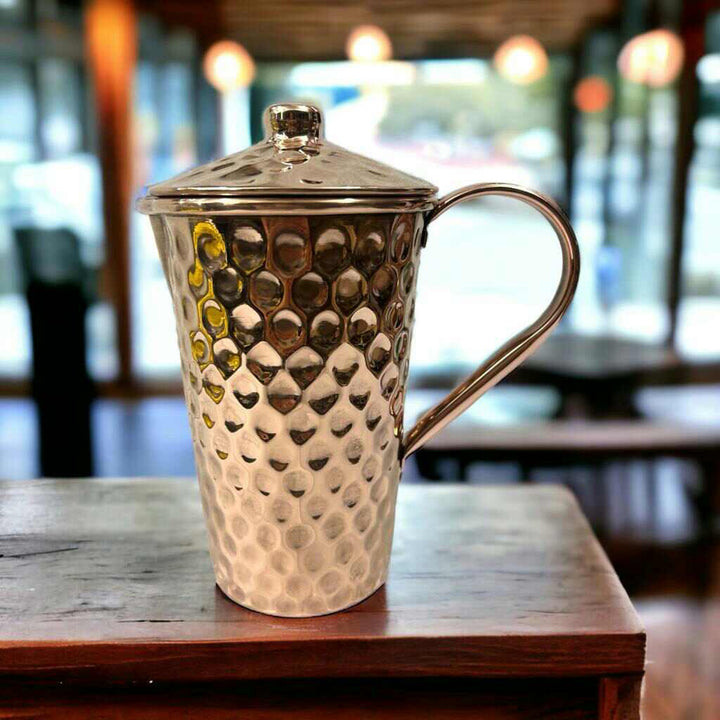 Set of One Copper Pitcher with Top and Two Tumblers - Deep Hammering and Shiny Finish