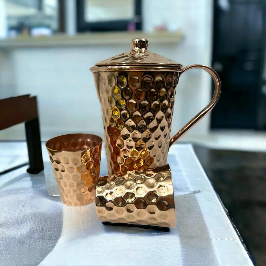 Set of One Copper Pitcher with Top and Two Tumblers - Deep Hammering and Shiny Finish