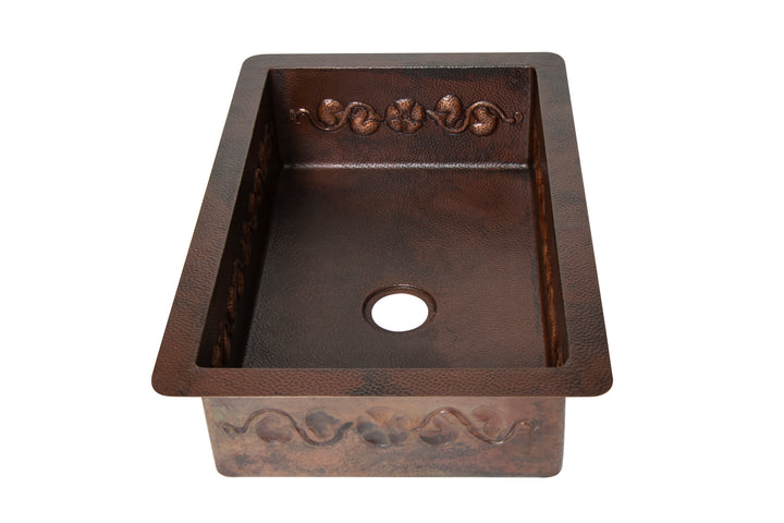 33" Drop-in Single Well Floral Design Hammered Copper Kitchen Sink