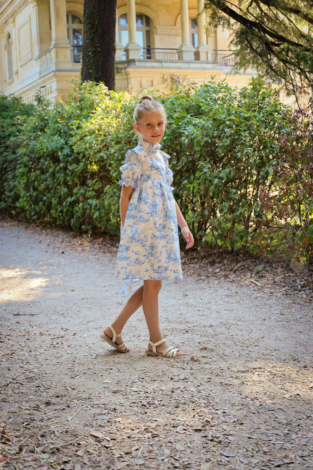 Aoki Dress-Blue Toile | Three-Quarter Length Sleeve