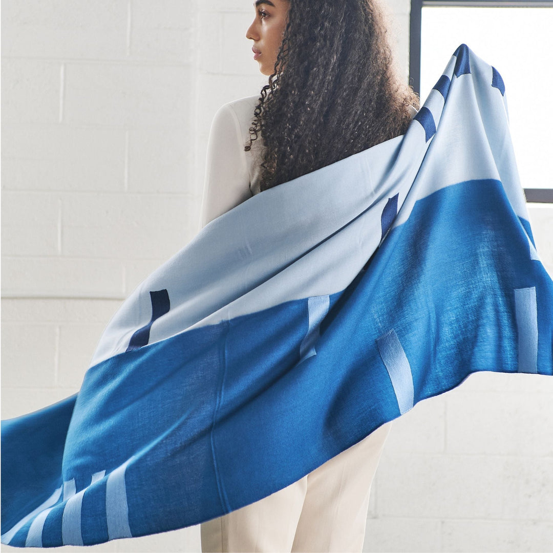 Harbor Blue Silk Merino Hand Woven Hand Embroidered Modern Artisanal Scarf