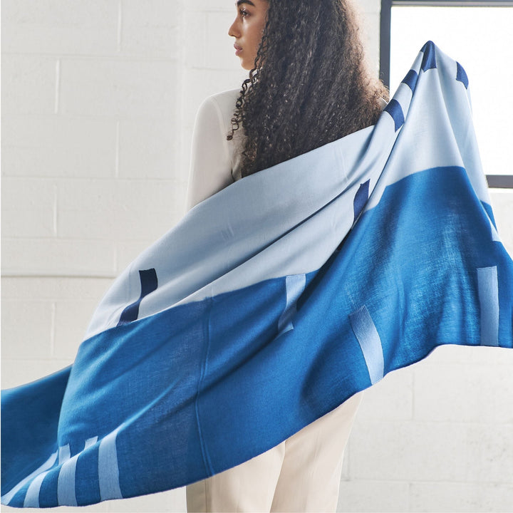 Harbor Blue Silk Merino Hand Woven Hand Embroidered Modern Artisanal Scarf