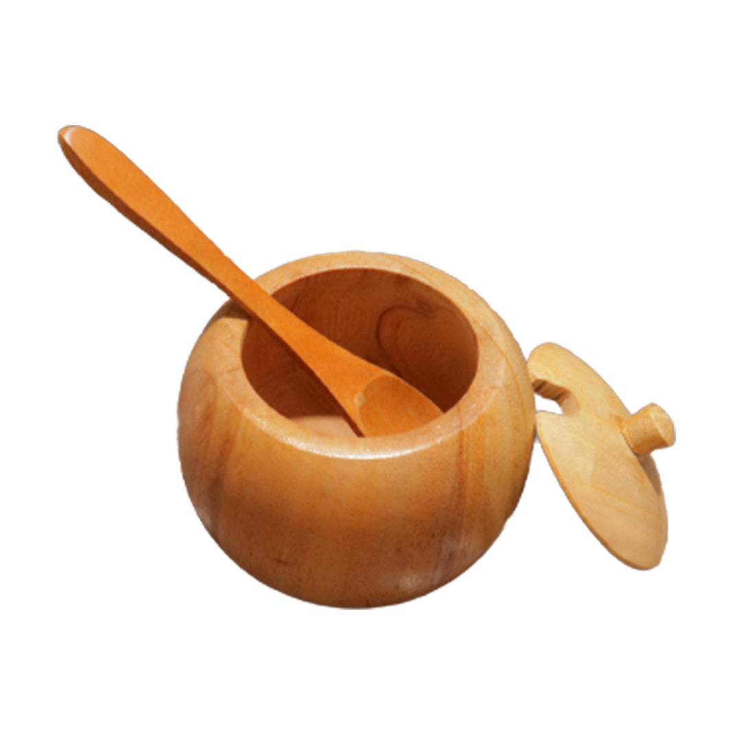 Small Teak Wood Seasoning Bowl with Spoon, Handturned Wooden Spice Jar