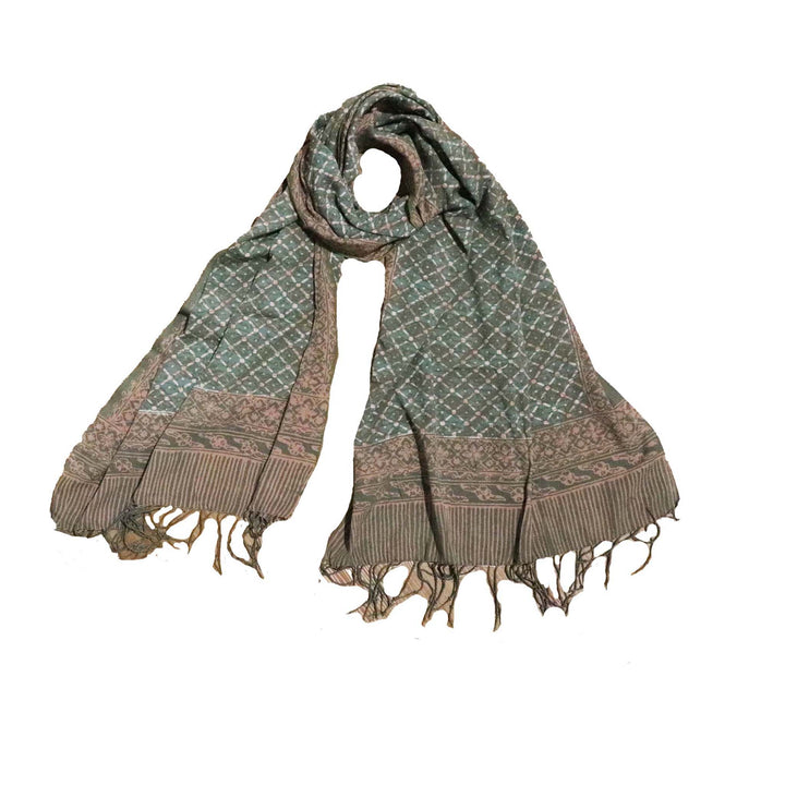 Handmade Batik Scarf | Soft Cotton, Leaf Grid, Green, Leaves, Vines, Cream