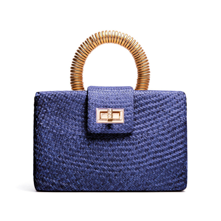 THE GRACIE Navy Blue & Gold Woven Buntal Straw Clutch Bag