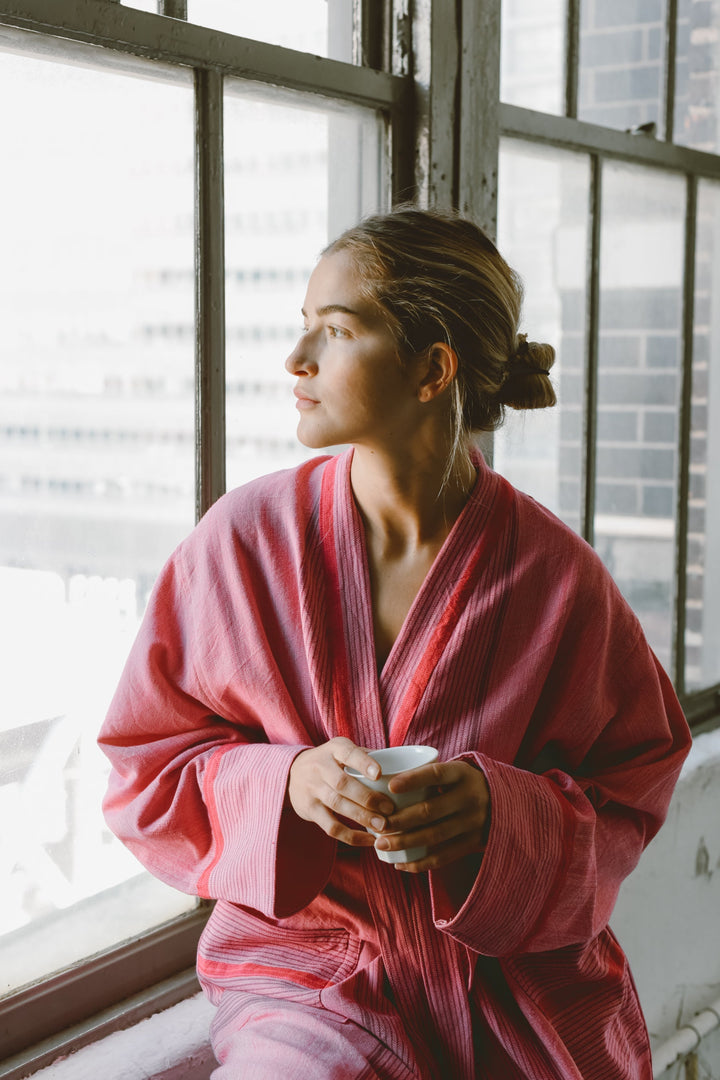 Pink Turkish cotton long bathrobe hand woven with traditional techniques in coastal Turkey