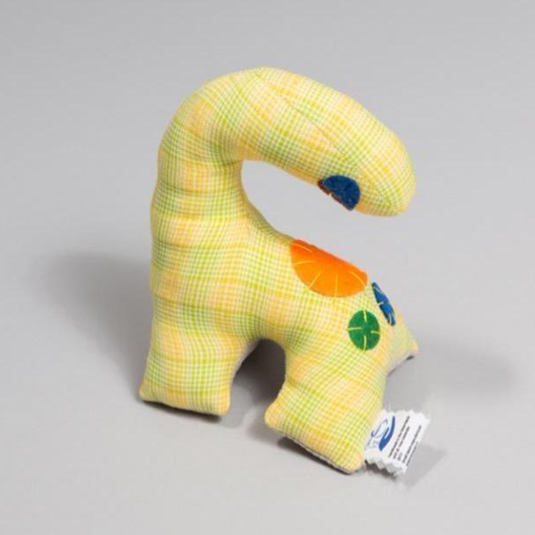 Handmade yellow plaid dinosaur plush toy with mixed fleece and felt textures for children's sensory play