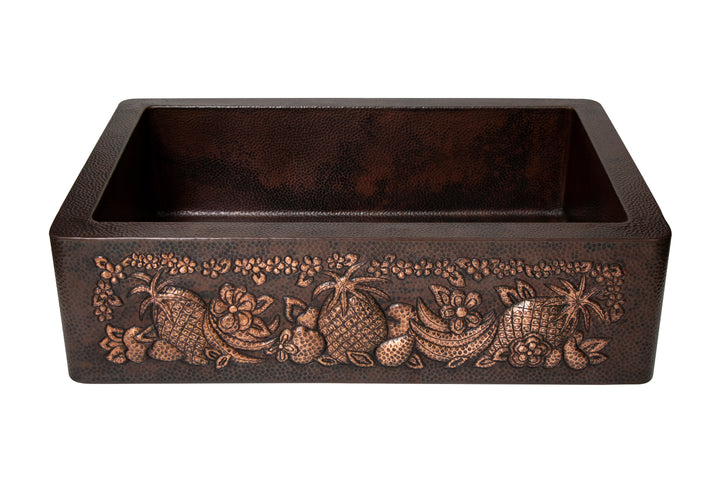 33" Farmhouse Single Well Fruits Design Straight Apron Hammered Copper Kitchen Sink