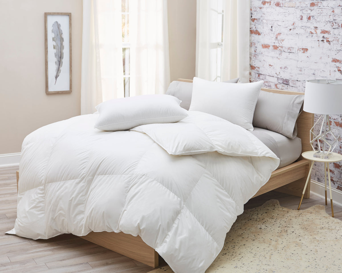 White baffle box goose down comforter on neutral bedding