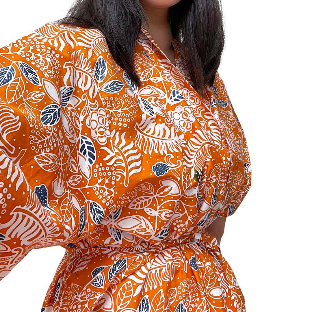 Handmade Batik Robe Kimono | Orange Carnelian | Hand Dyed, 100% Cotton, Clementine