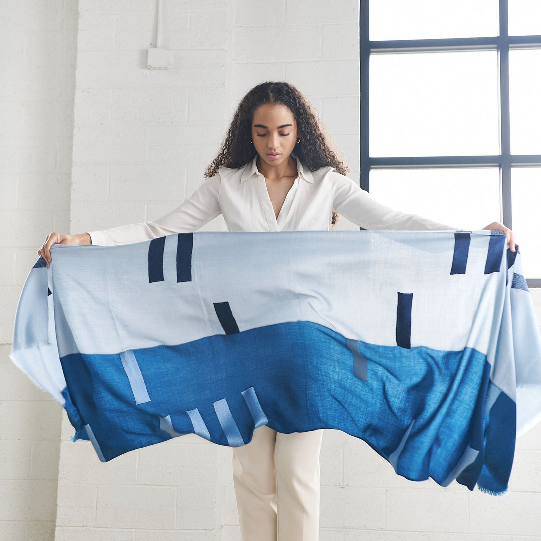 Harbor Blue Silk Merino Hand Woven Hand Embroidered Modern Artisanal Scarf