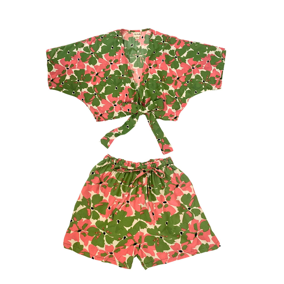 Aubrey Floral Wrap Top and Shorts Travel Matching Set in Pink Garden