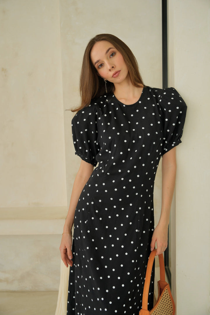 Poppy Puffy Sleeves Polka Dots Maxi Dress in Black