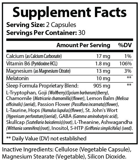 Supplement facts label for Pure Sleep natural sleep aid capsules with ingredients list and nutritional details.