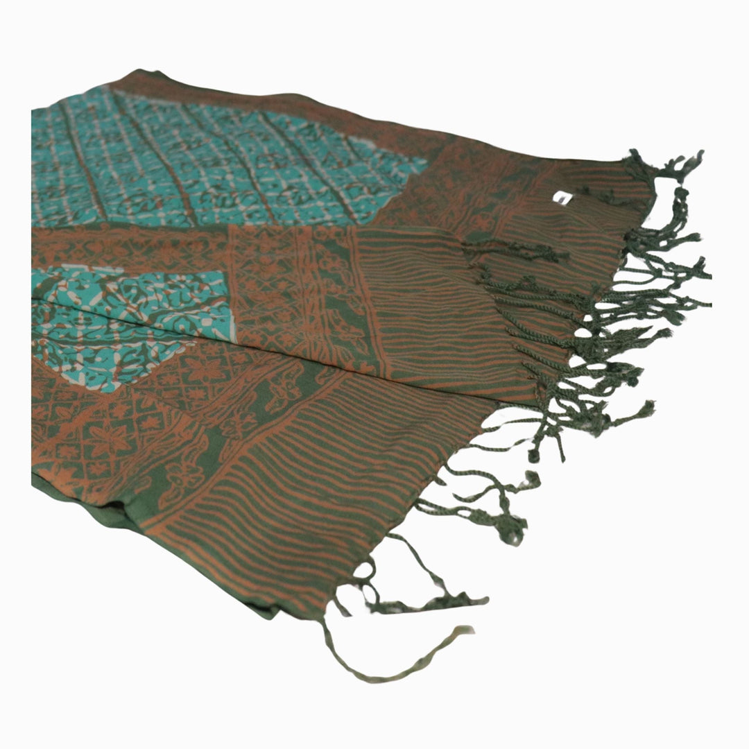Handmade Batik Scarf | Soft Cotton, Leaf Grid, Green, Leaves, Vines, Cream