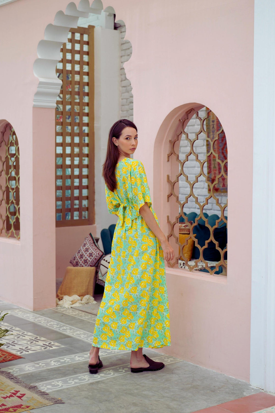 Aubrey Floral Wrap Top and Midi Skirt Matching Set in Yellow Garden