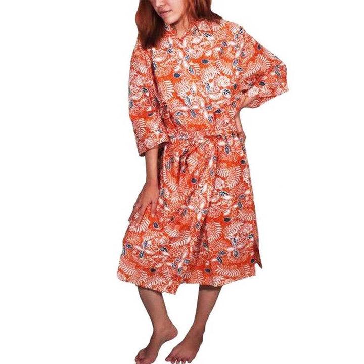 Handmade Batik Robe Kimono | Orange Carnelian | Hand Dyed, 100% Cotton, Clementine