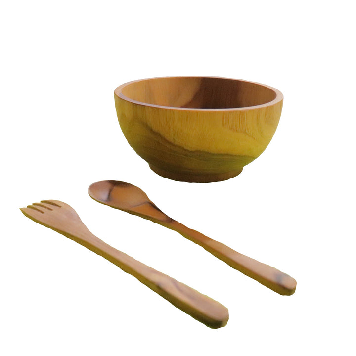 Teak wood bowl With Spoon and Fork | Handmade in Indonesia | 5.8" Small Size