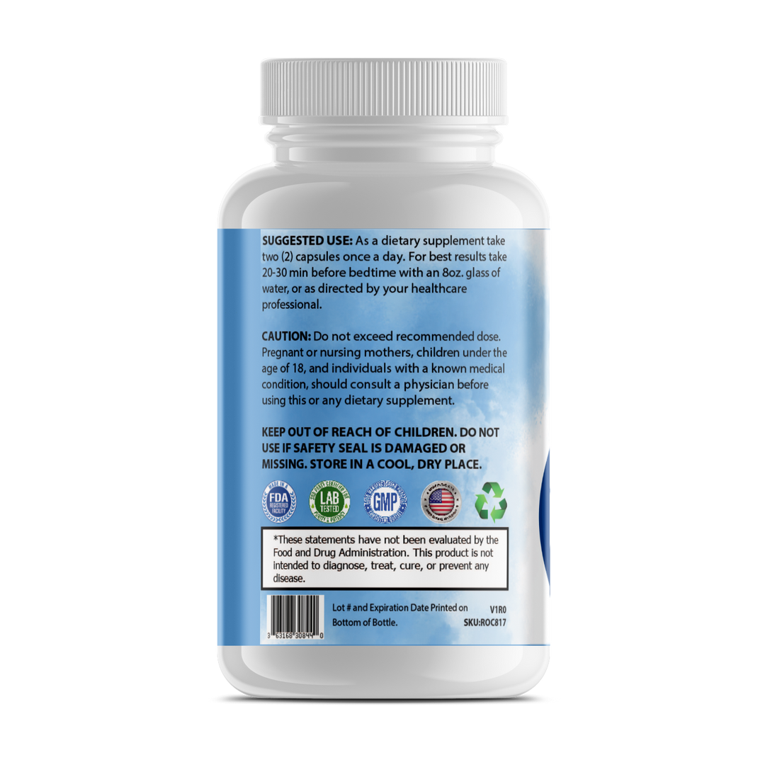 Back view of Pure Sleep natural sleep aid bottle with safety and usage details.