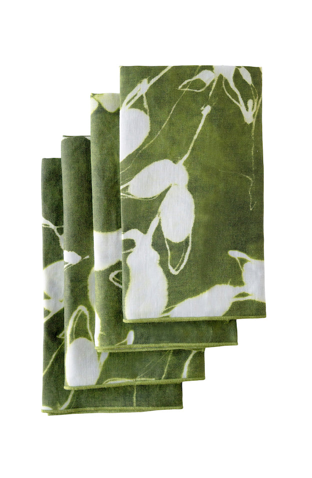 Set of four olive green linen dinner napkins with abstract Portuguese vine print pattern