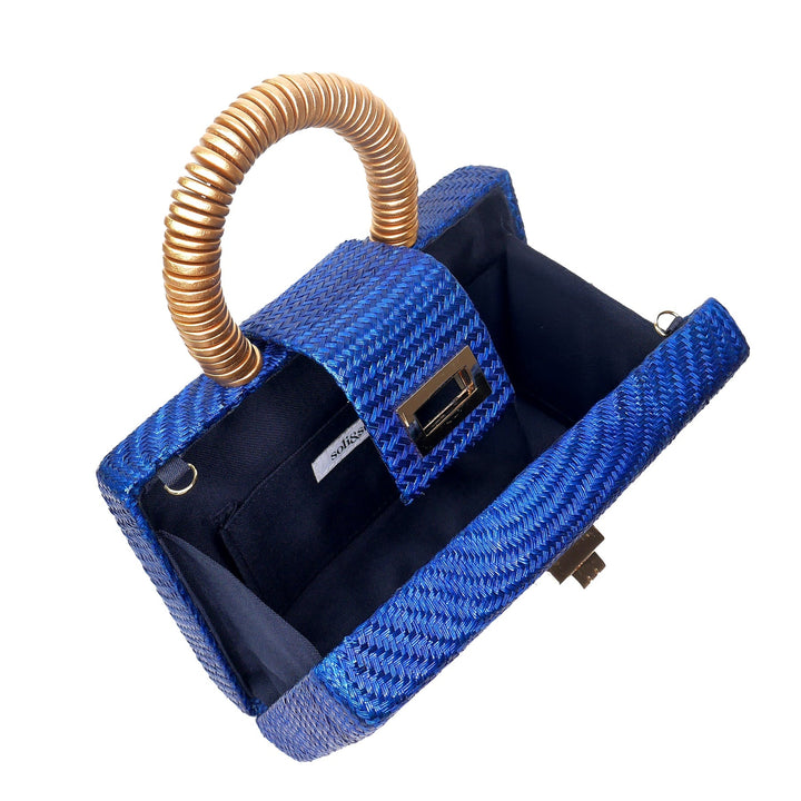 THE GRACIE Navy Blue & Gold Woven Buntal Straw Clutch Bag
