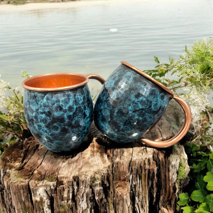 Set of Two Copper Barrel Mugs - Hammered and Stained Blue Patina