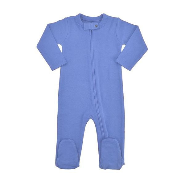 Organic cotton baby footie in periwinkle blue with coconut snap fasteners and built-in mittens