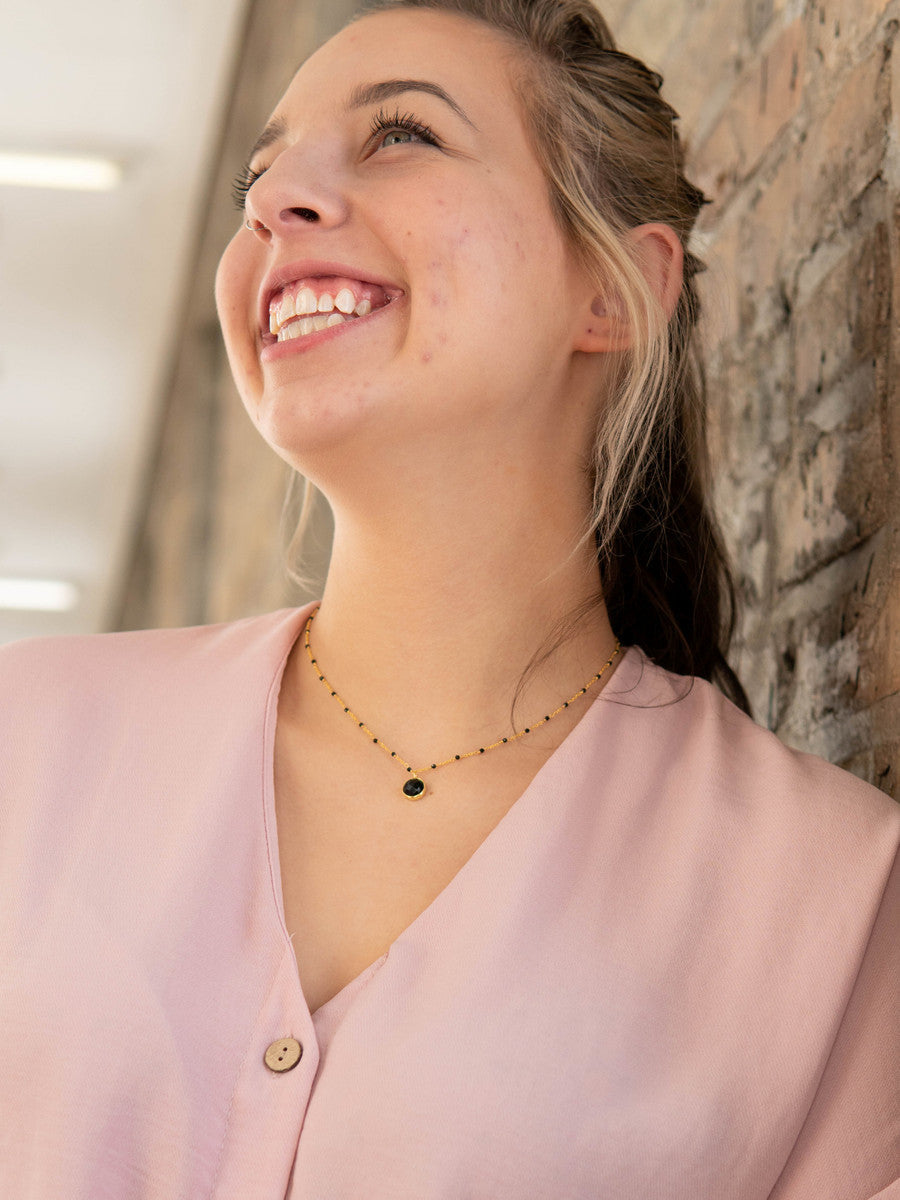 Black Beaded Gold Drop Necklace