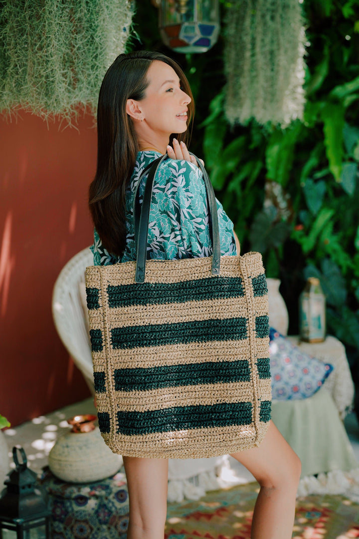 Alina All Over Striped Premium Raffia Tote