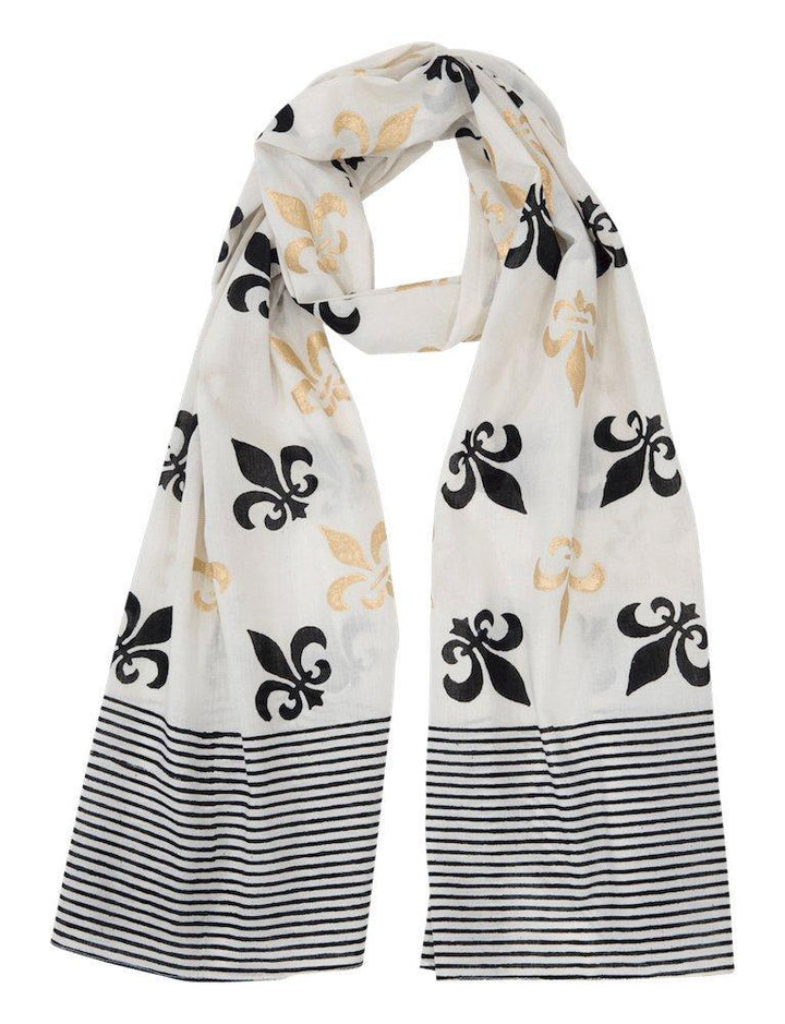 White cotton scarf with hand-stamped gold and black fleur de lis pattern, lightweight and draped for styling