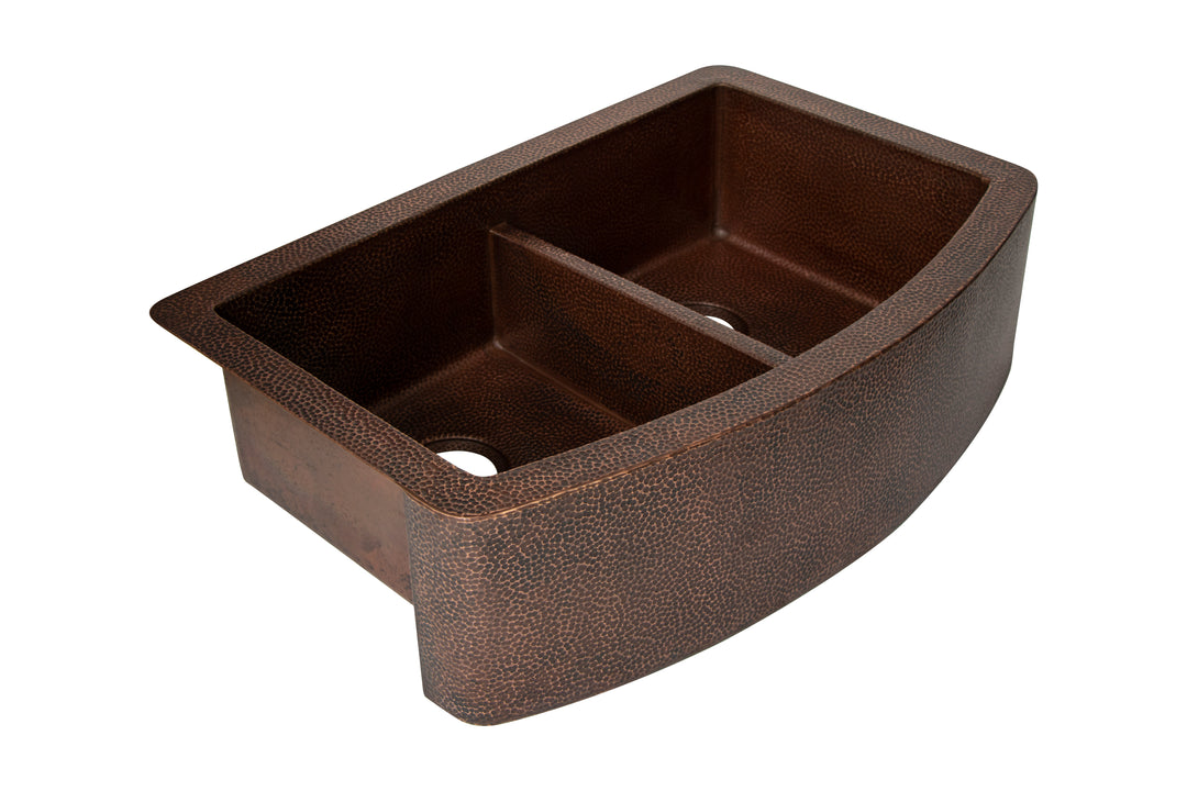 33" Farmhouse Double Well 50/50 Plain Round Apron Hammered Copper Kitchen Sink