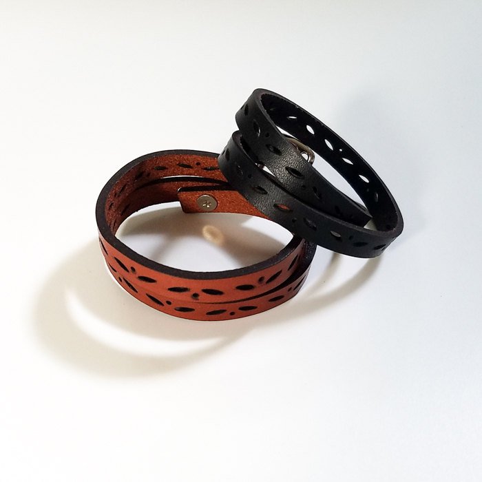 Leather Double Wrap Bracelet - Leaf Motif
