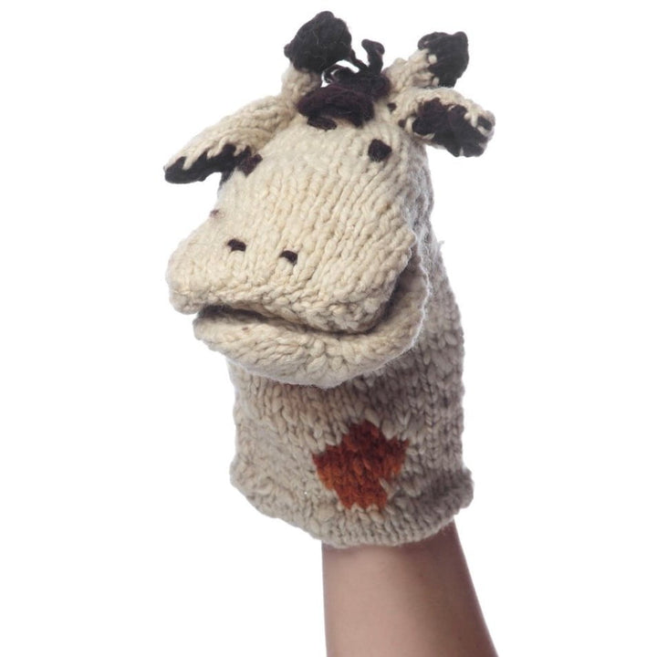 Gerald the Giraffe organic wool hand puppet handknitted in golden yellow with brown spots by Kenyan artisans