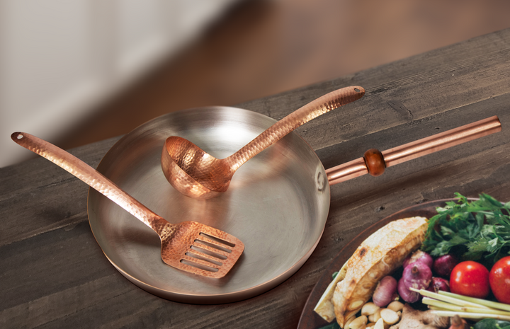 12" Round Plain Copper Pan with Tin Inside, Copper Handle, Ladle and Spatula